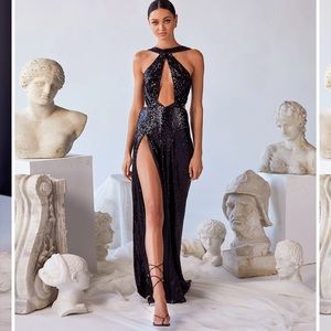 Black sequined cut-out, backless gown Alamour the Label